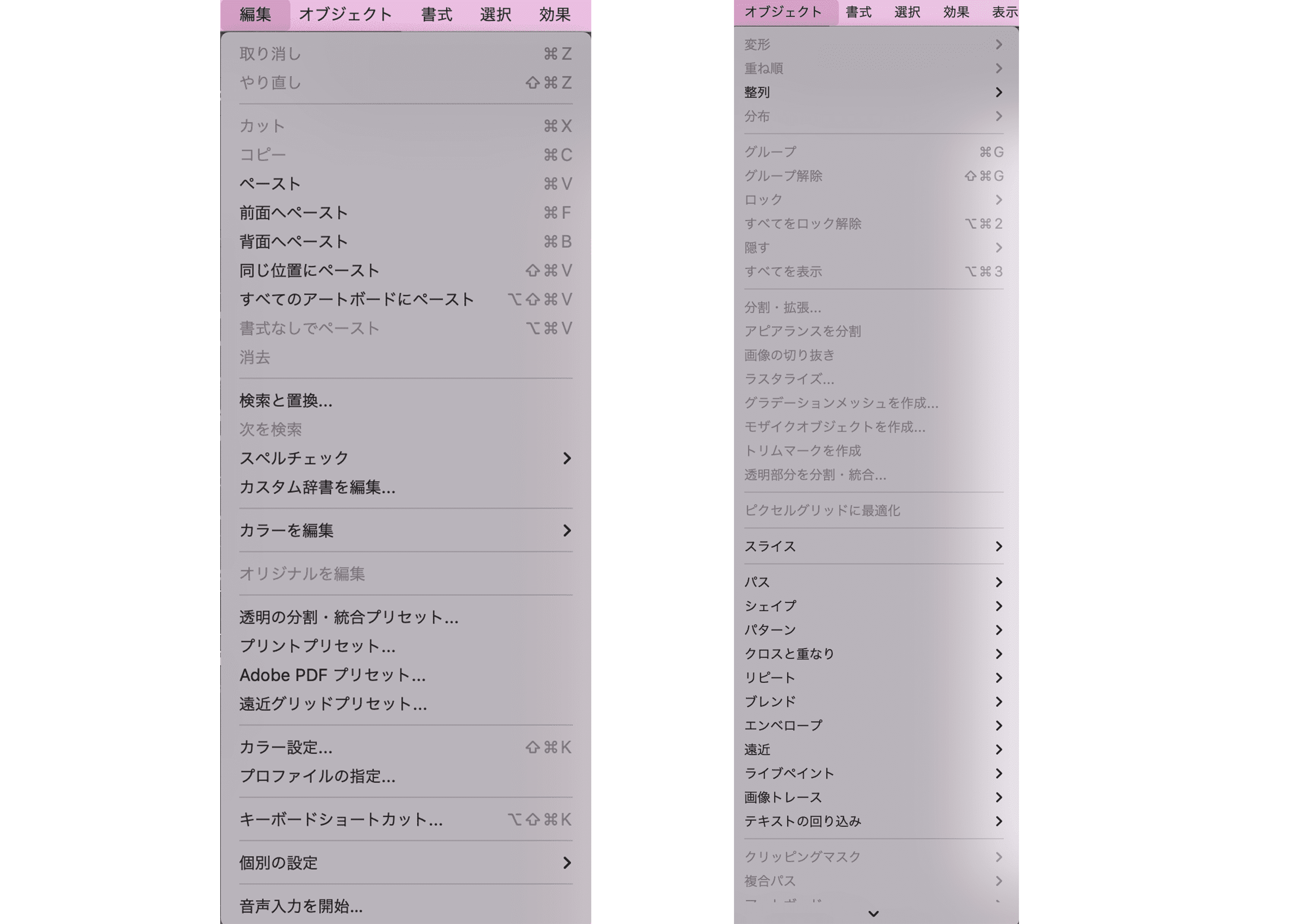 編集、オブジェクトメニュー