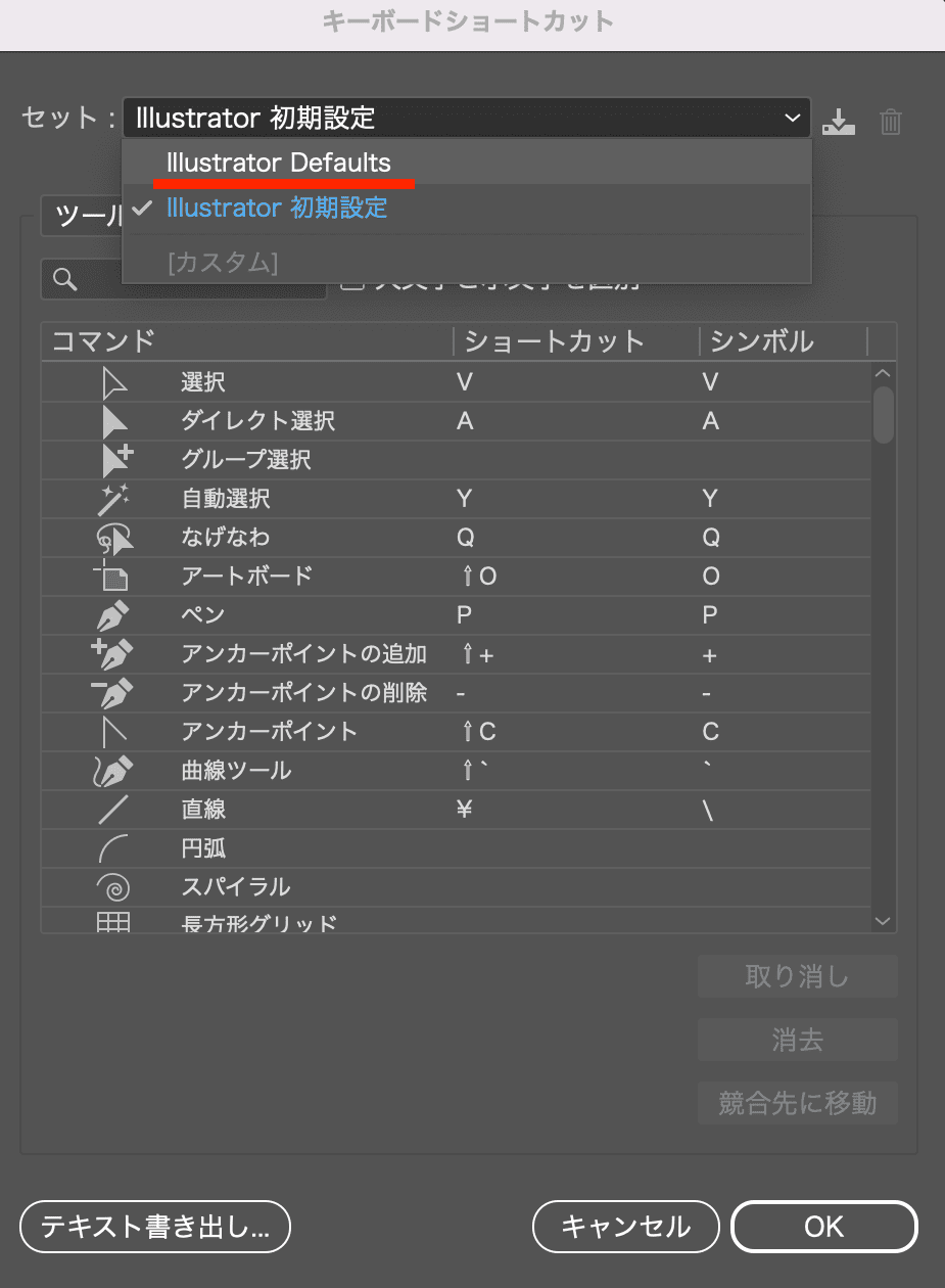 キーボードショートカットに「Illustrator Defaults.kys」